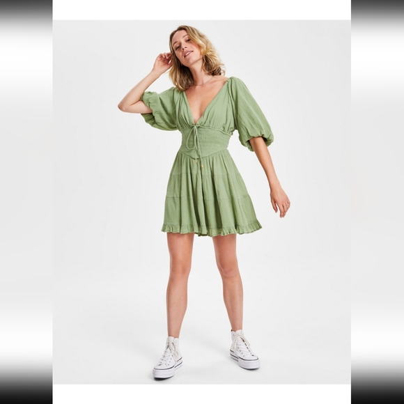 Free People Perfect Day Cotton Mini Dress Womens NWT Green Whimsy Western  Boho